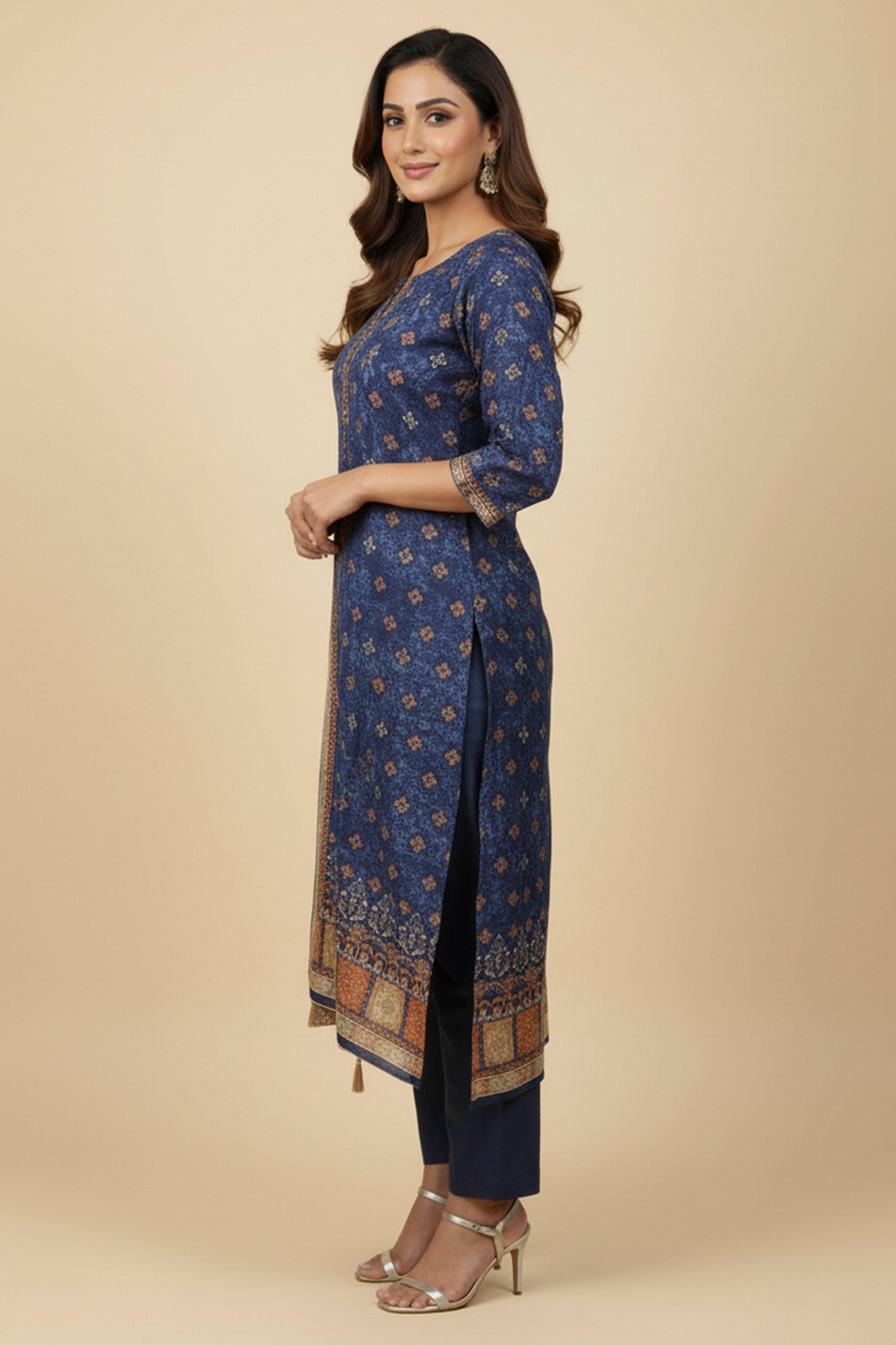 Blue Designer Muslin Salwar Suit Featuring Floral Print With Hand-Embroidered Neckline