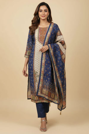 Blue Designer Muslin Salwar Suit Featuring Floral Print With Hand-Embroidered Neckline