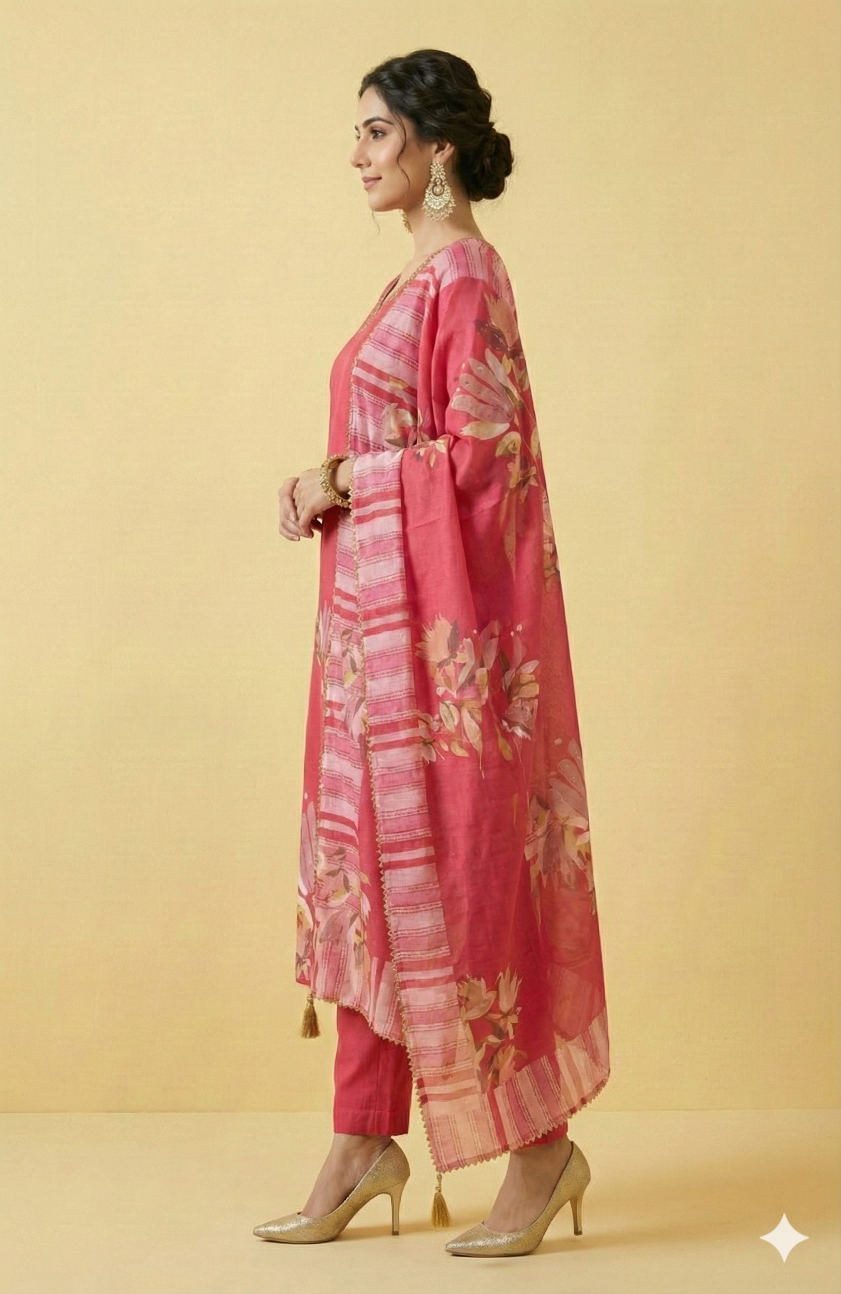 Pink Muslin Straight Cut Salwar Kameez All Over Floral Print Beads Detailing