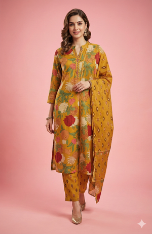 Elegant Yellow Floral Printed Straight Cut Salwar Suit in Breathable Pure Cotton