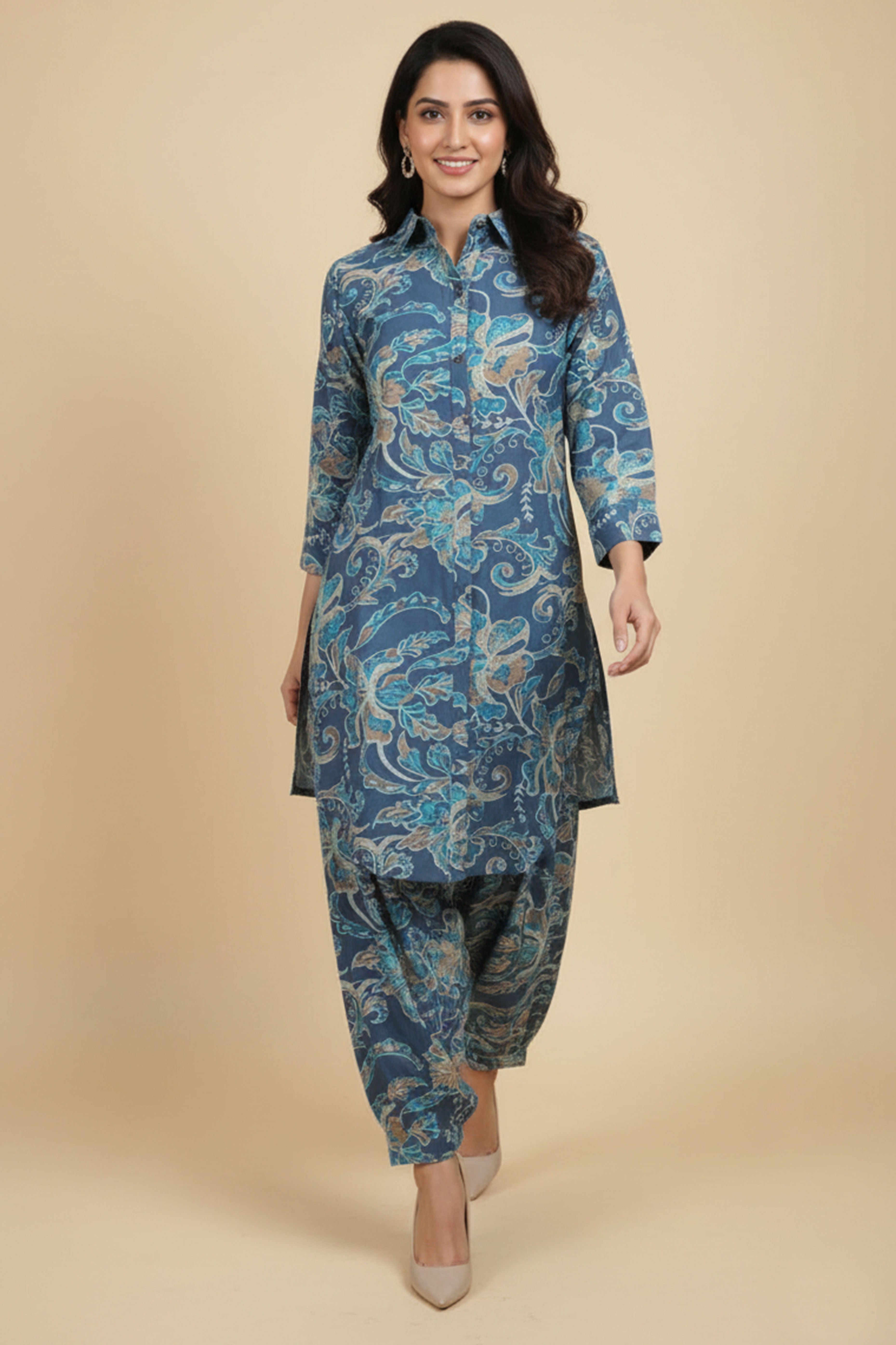 Blue Viscose Suit Set Featuring Elegant Floral Prints and Classic Straight Cut Pattern