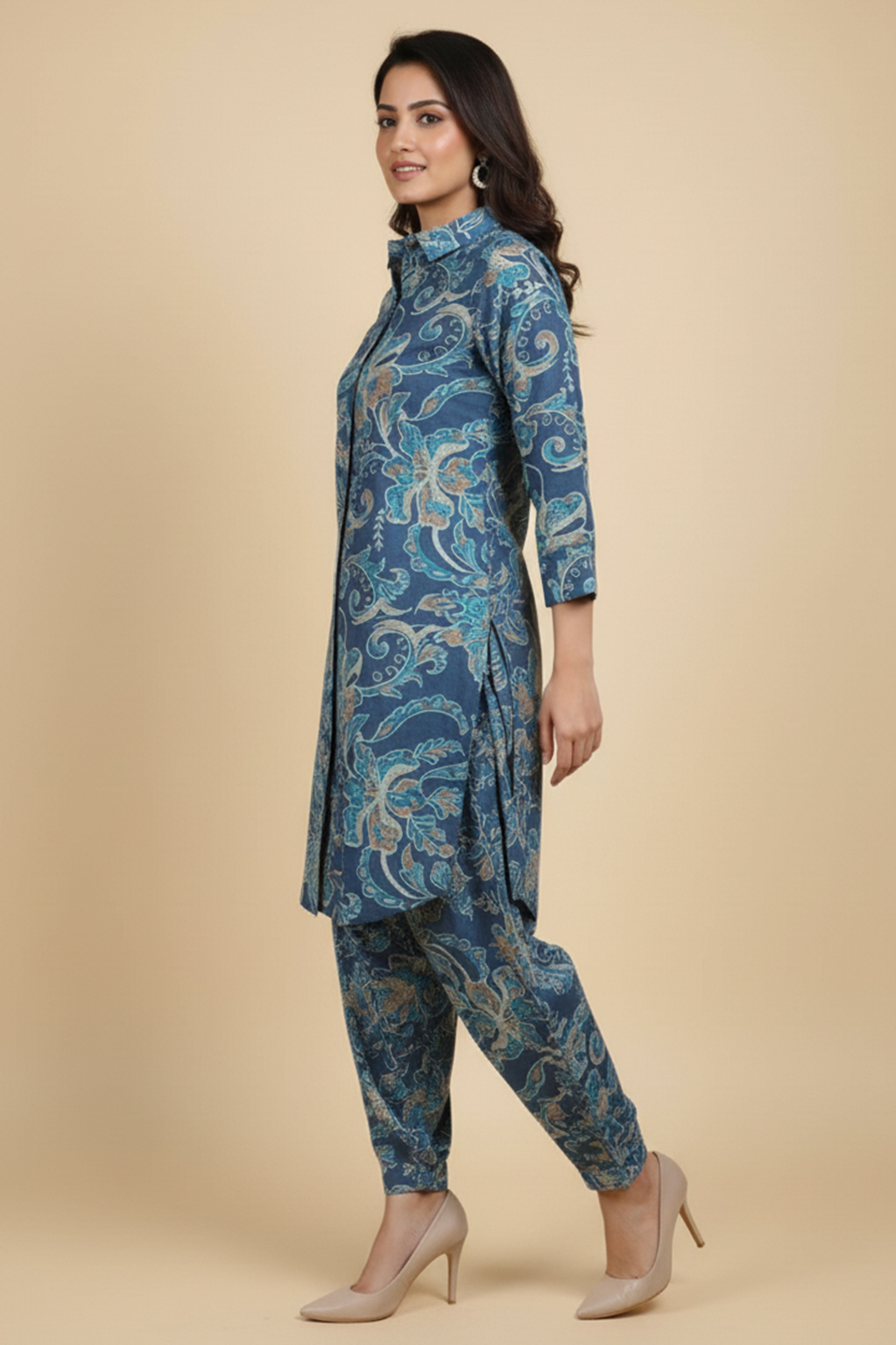 Blue Viscose Suit Set Featuring Elegant Floral Prints and Classic Straight Cut Pattern