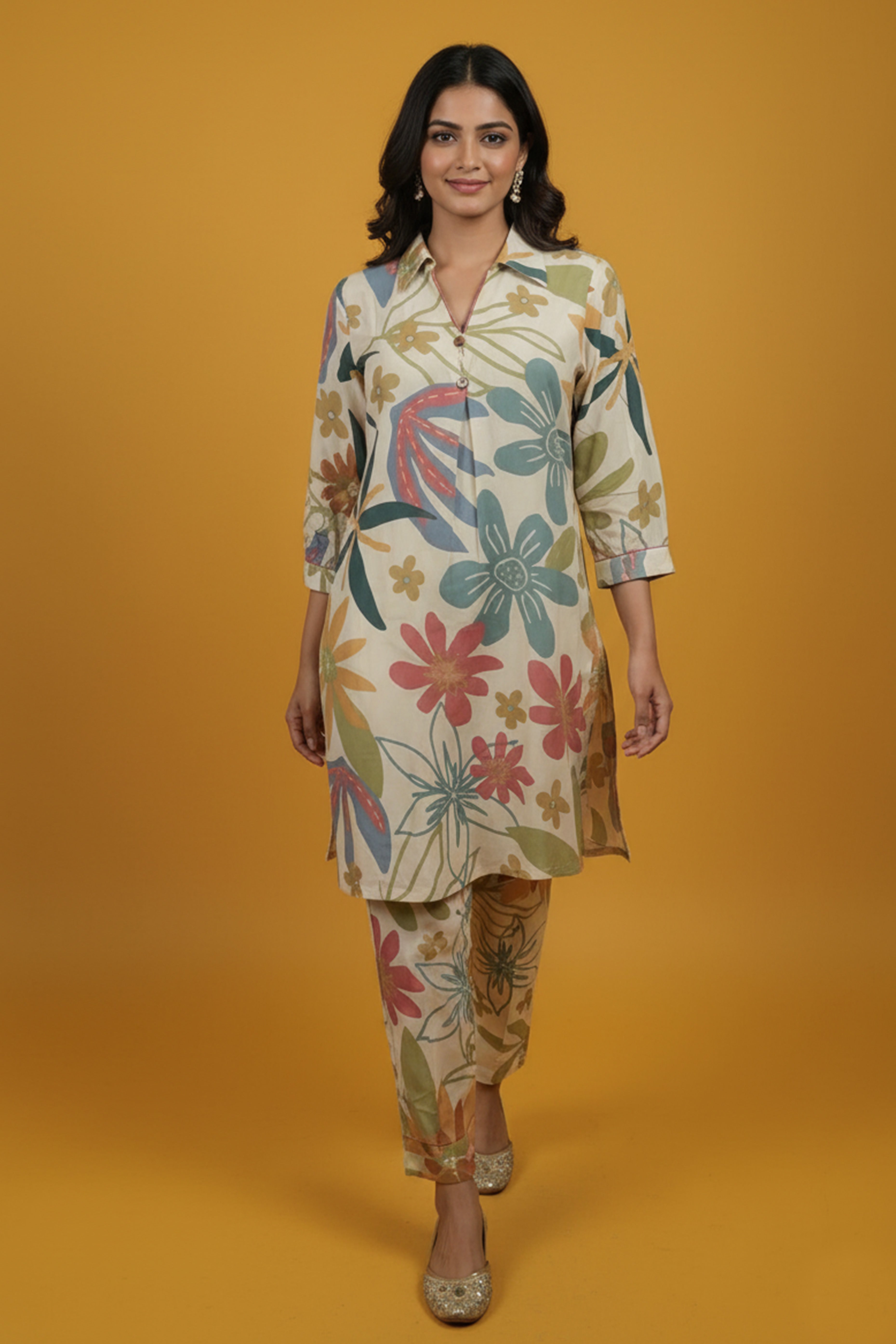 Casual Off White Floral Printed Rayon Shirt-Pant Set for Everyday Wear