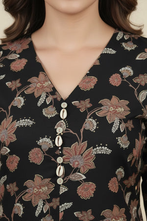 Ebony Black Bloom Rayon Straight Kurti with Floral Design