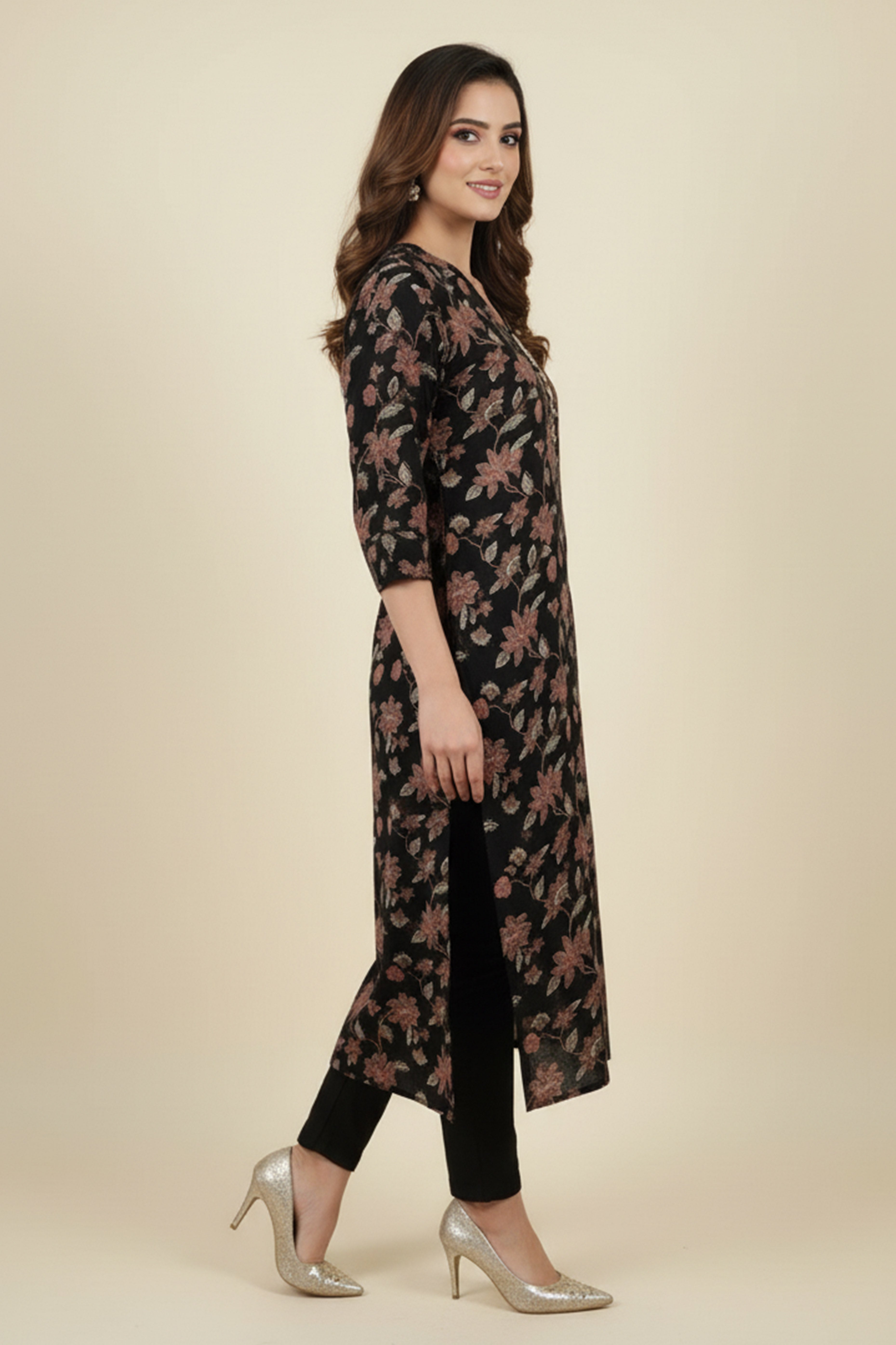 Ebony Black Bloom Rayon Straight Kurti with Floral Design