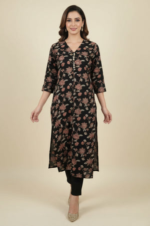 Ebony Black Bloom Rayon Straight Kurti with Floral Design