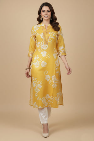 Stylish Yellow Floral Printed Kurti in Soft Pure Cotton with Embroidered Neck Detailing