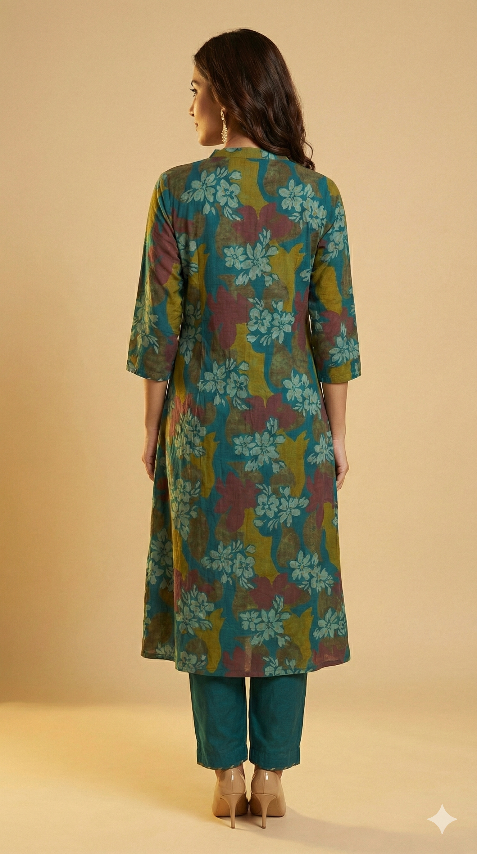 Green Floral Printed Pleated Silk Chiffon A-Line Top–Bottom Set for Refined Styling