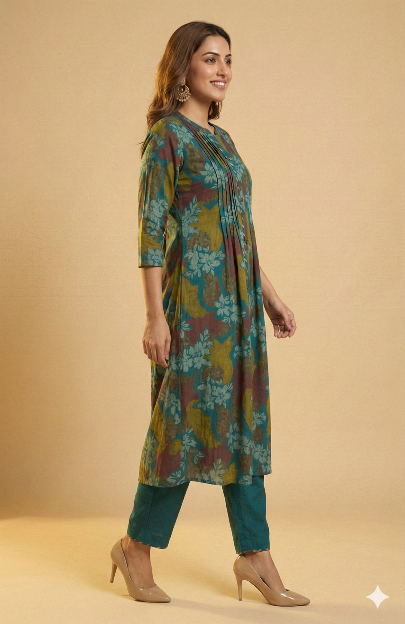 Green Floral Printed Pleated Silk Chiffon A-Line Top–Bottom Set for Refined Styling