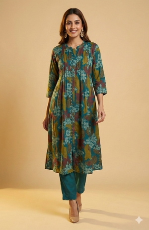 Green Floral Printed Pleated Silk Chiffon A-Line Top–Bottom Set for Refined Styling