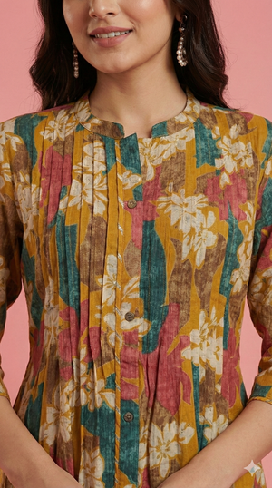 Yellow Floral Printed Pleated Silk Chiffon A-Line Top–Bottom Set for Refined Styling