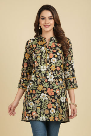 Black Floral Printed Rayon Kurti Offering a Blend of Comfort and Ethnic Style