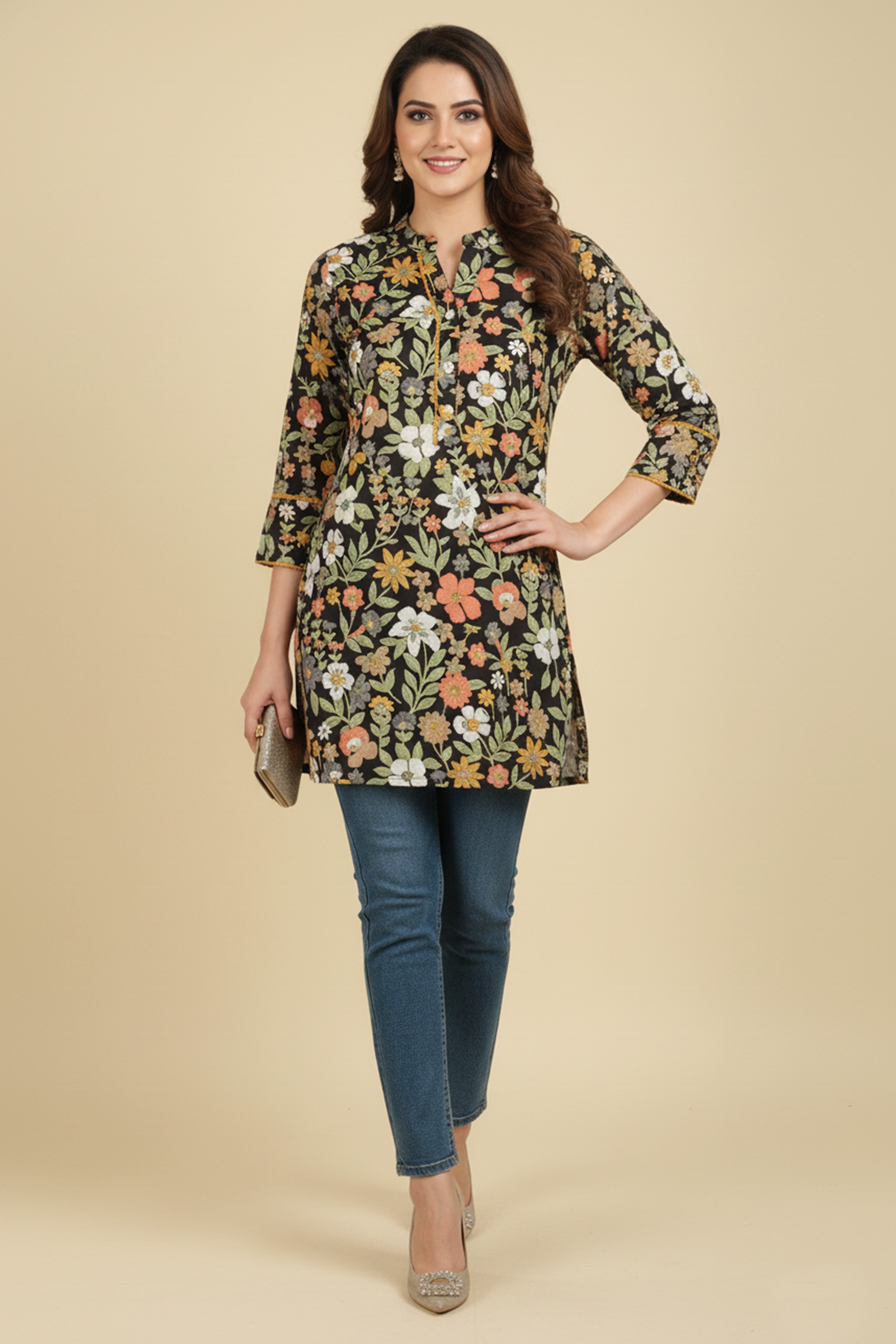 Black Floral Printed Rayon Kurti Offering a Blend of Comfort and Ethnic Style