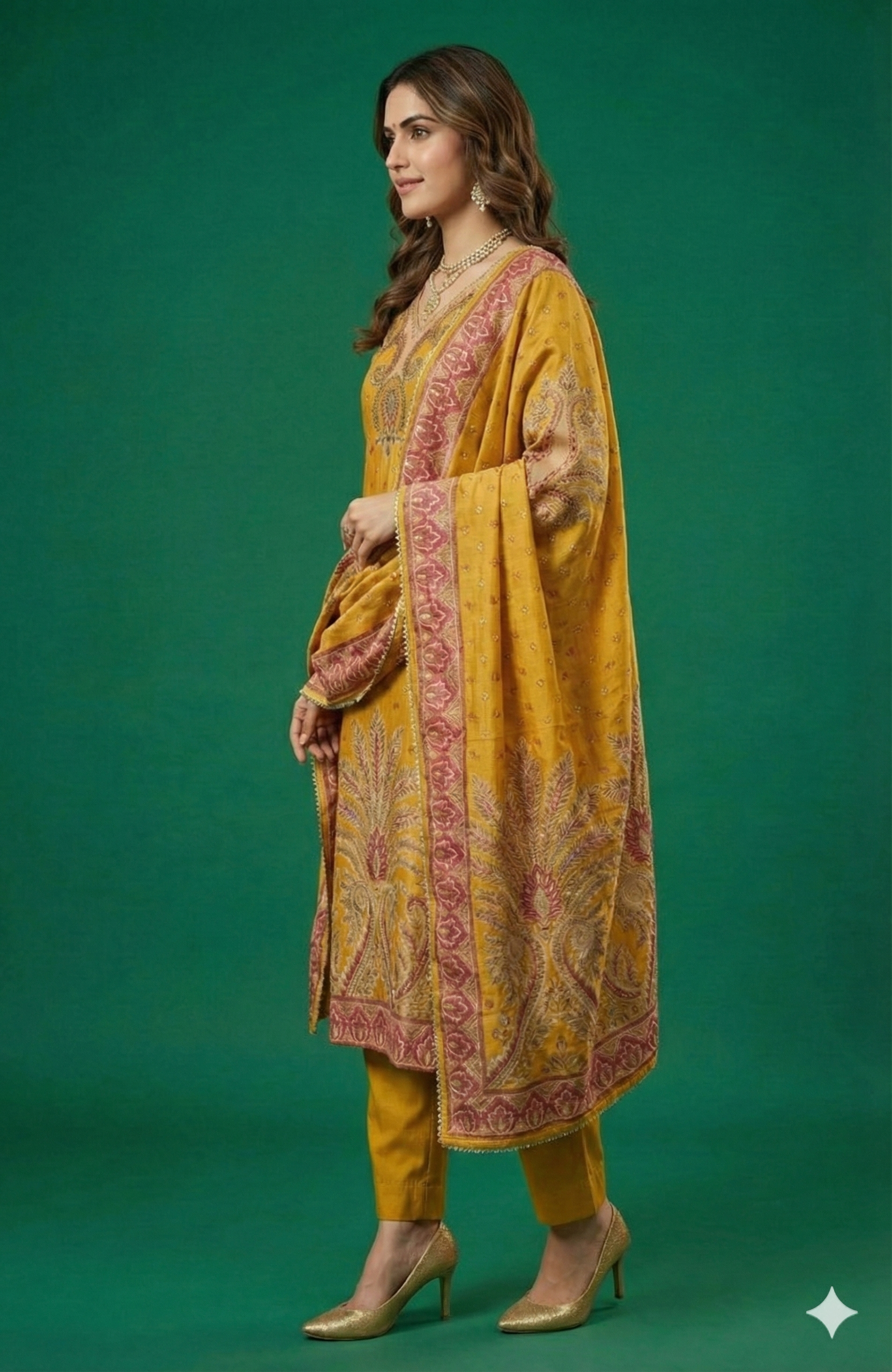 Timeless Mustard Floral Motifs Muslin Straight Cut Salwar Suit Premium Heavy Stones Work