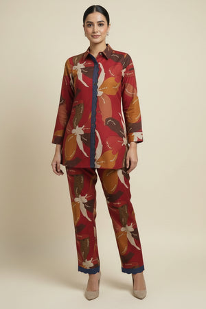 Red Stylish Floral Printed Viscose Shirt Top and Bottom Set for a Chic and Comfortable Look