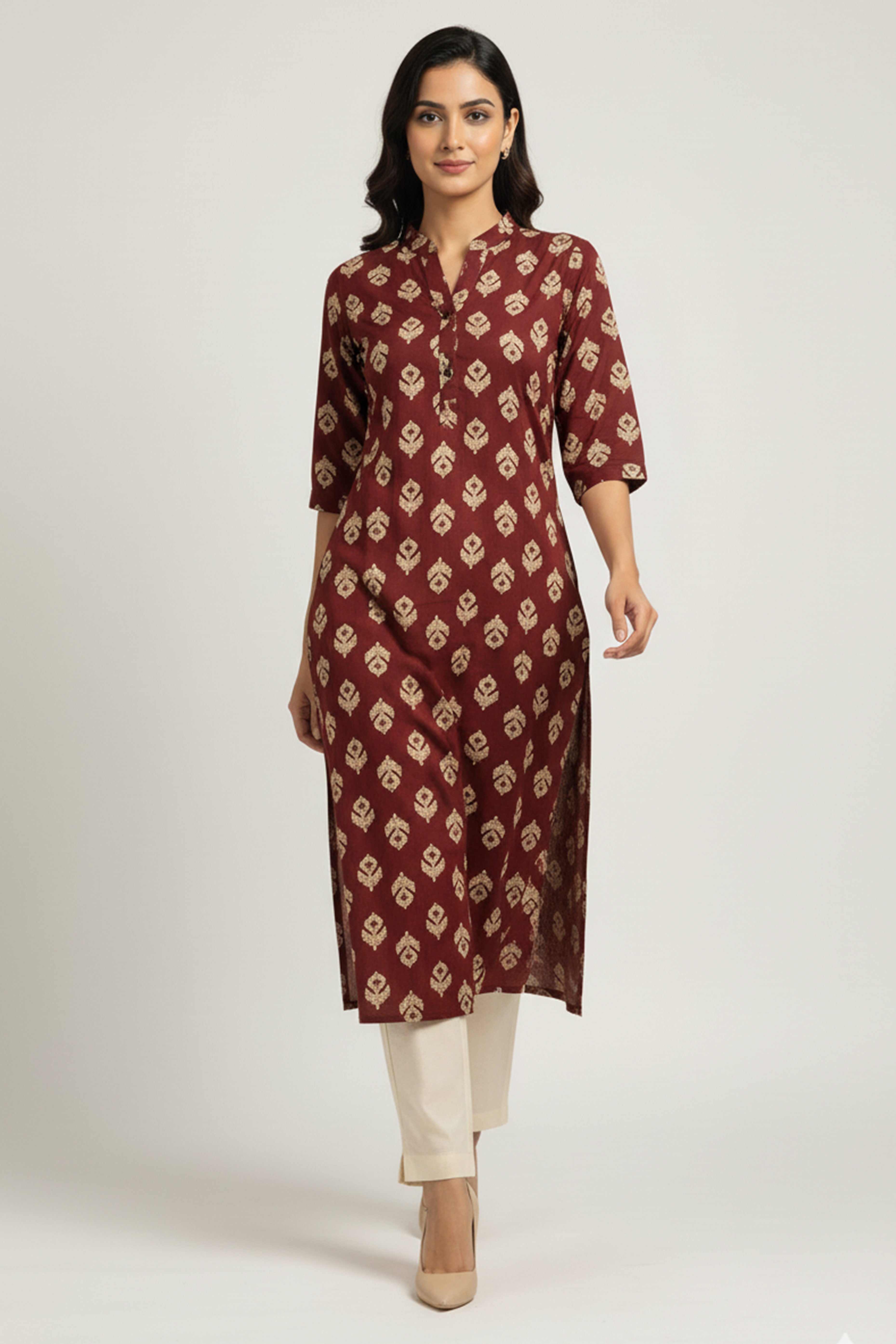 Comfortable Maroon Floral Print Straight Kurti Made in Rayon Fabric