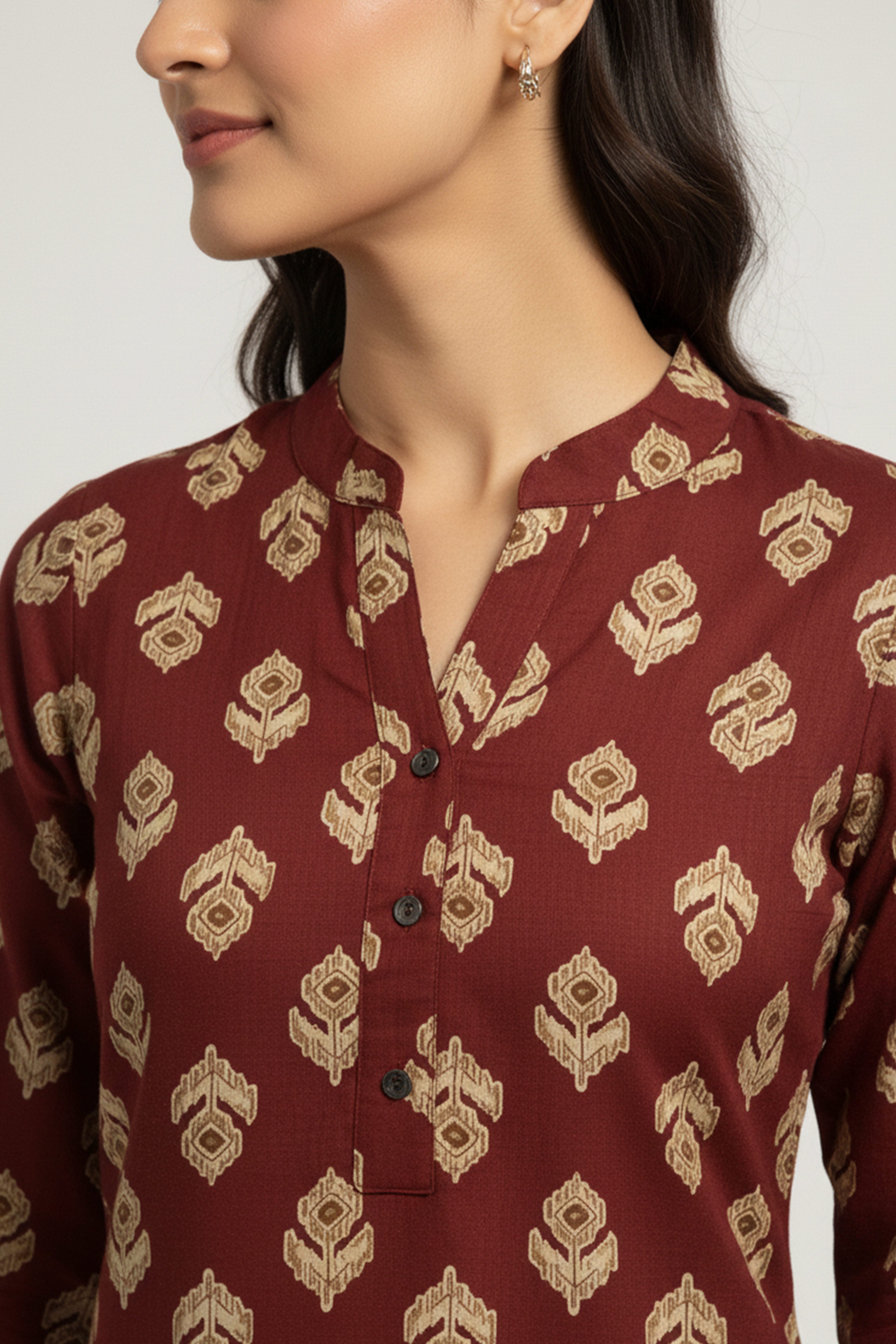 Comfortable Maroon Floral Print Straight Kurti Made in Rayon Fabric
