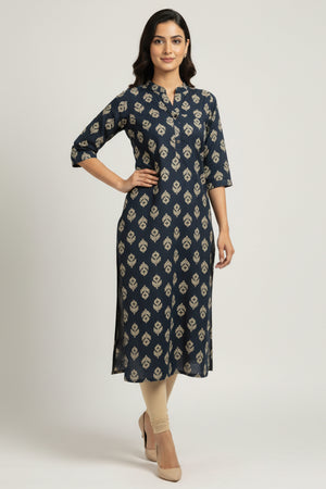 Blue Floral Printed Straight Kurti in Soft Rayon Fabric For Casual Look