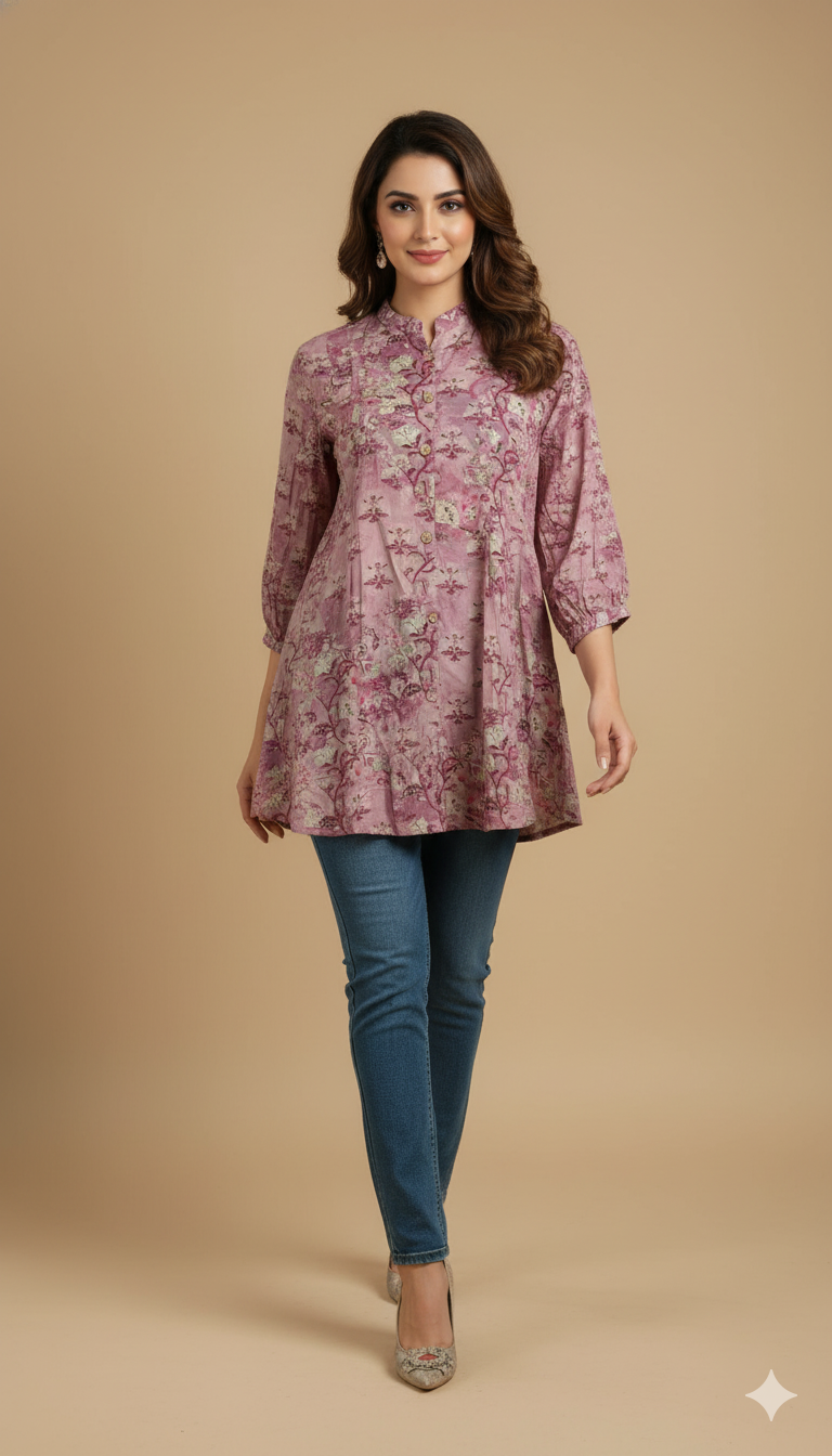 Pink Lightweight Rayon Straight Office Top with Elegant Floral Patterns