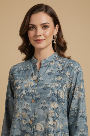Blue Lightweight Rayon Straight Office Top with Elegant Floral Patterns