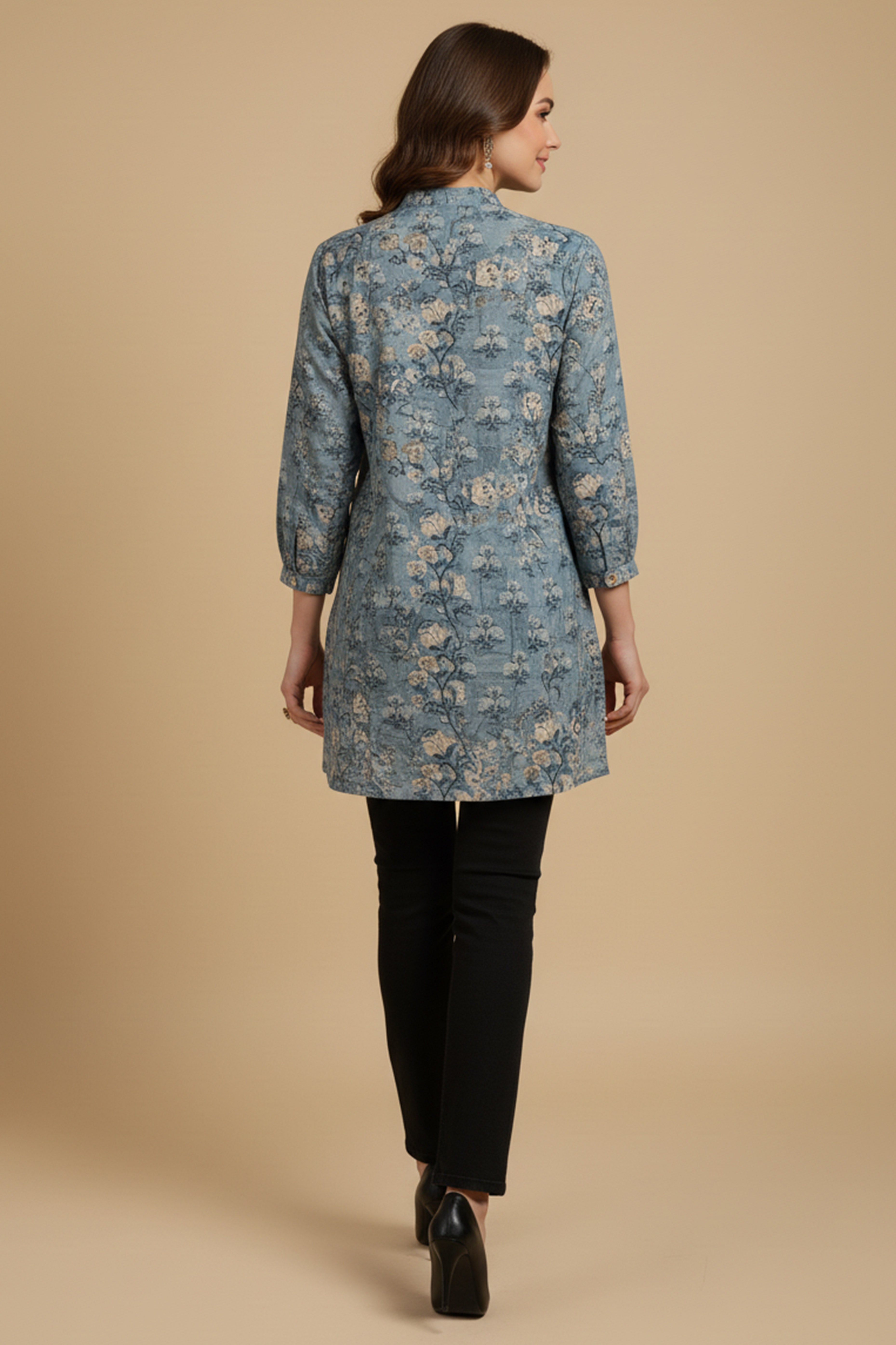 Blue Lightweight Rayon Straight Office Top with Elegant Floral Patterns