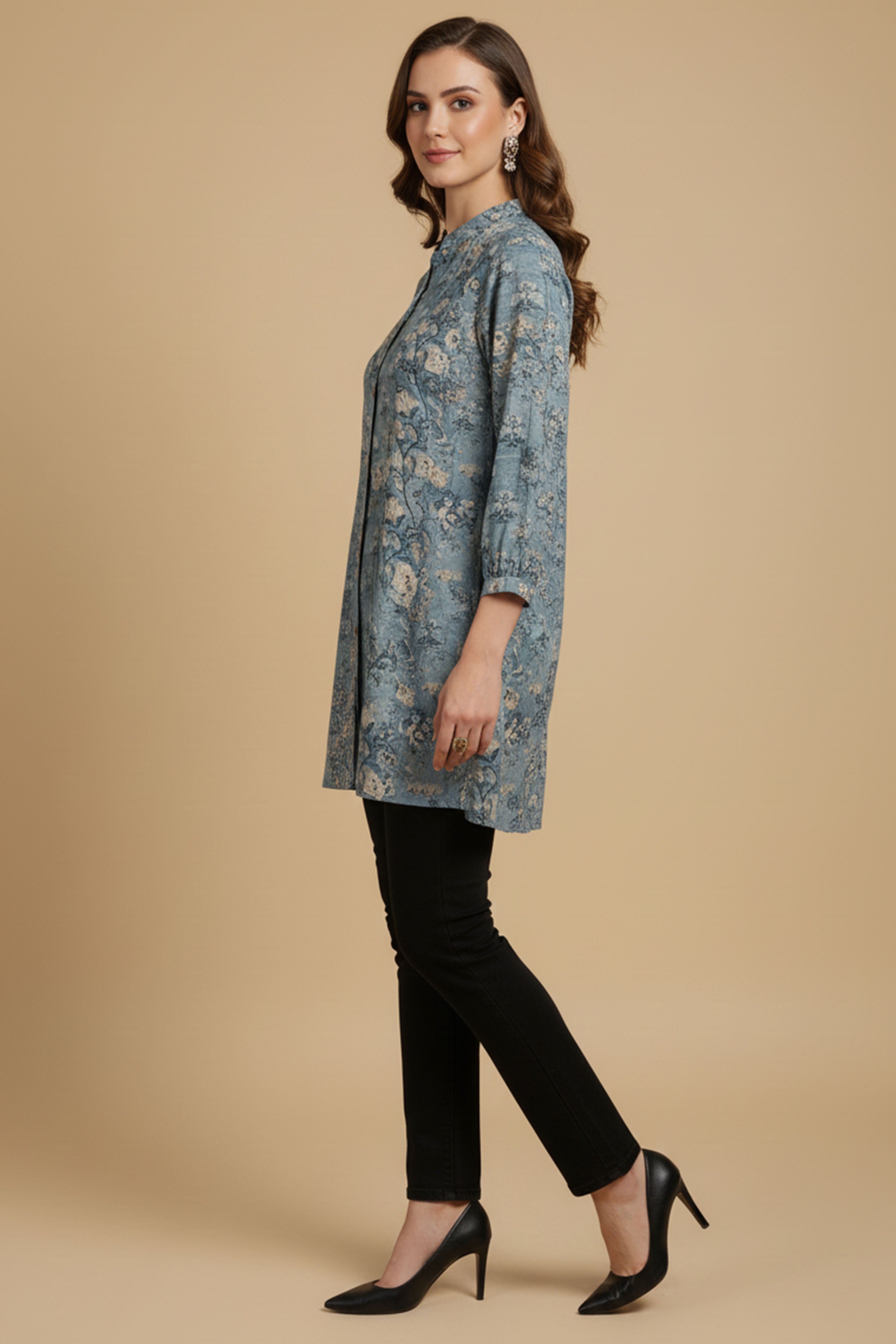 Blue Lightweight Rayon Straight Office Top with Elegant Floral Patterns