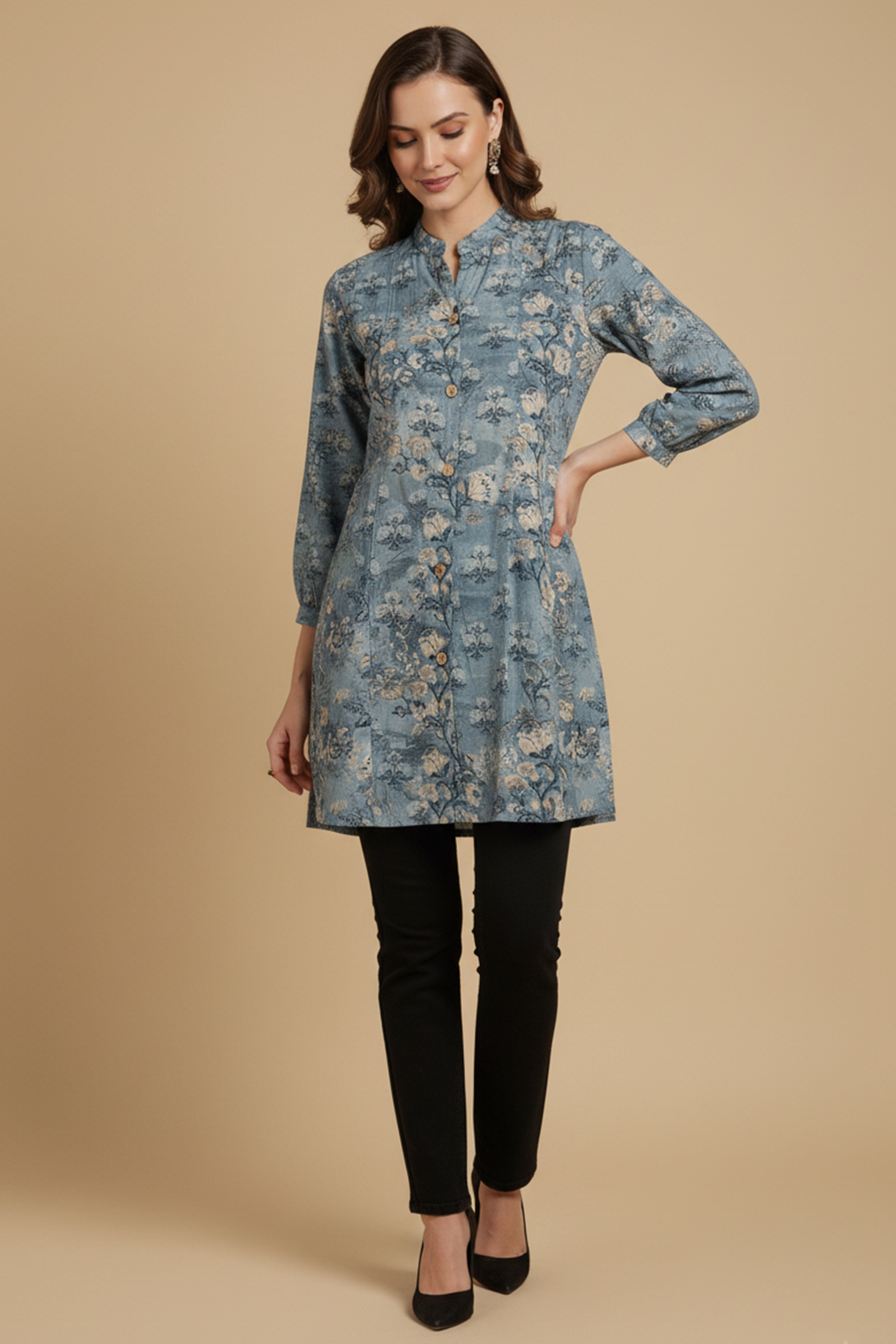 Blue Lightweight Rayon Straight Office Top with Elegant Floral Patterns
