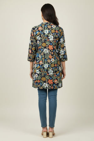 Blue Floral Printed Rayon Top Offering a Blend of Comfort and Ethnic Style