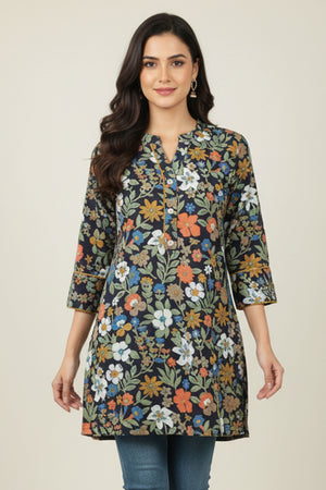 Blue Floral Printed Rayon Kurti Offering a Blend of Comfort and Ethnic Style