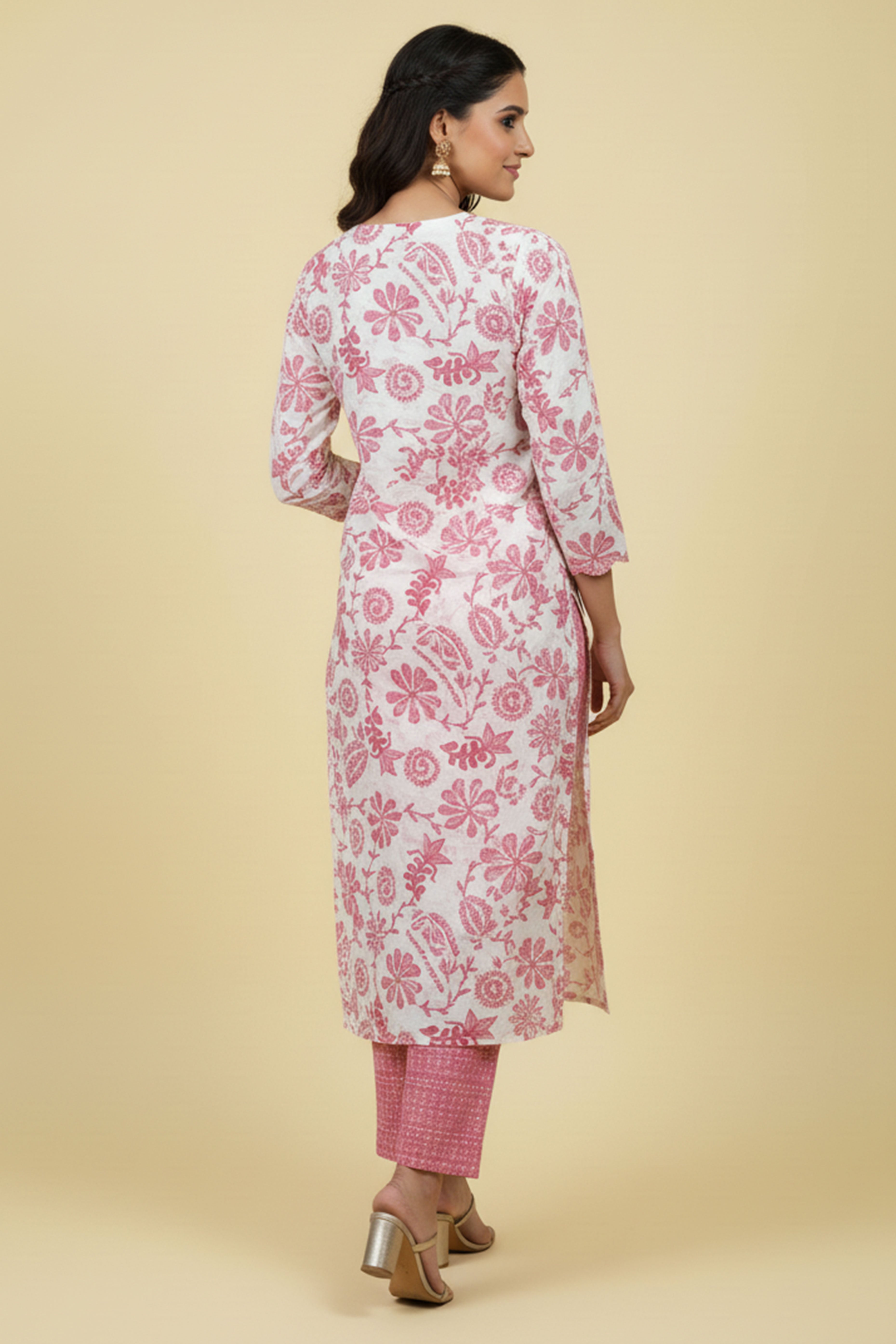 Pink Floral Printed Straight Salwar Suit in Lightweight Rayon Slub Fabric