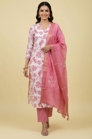 Pink Floral Printed Straight Salwar Suit in Lightweight Rayon Slub Fabric