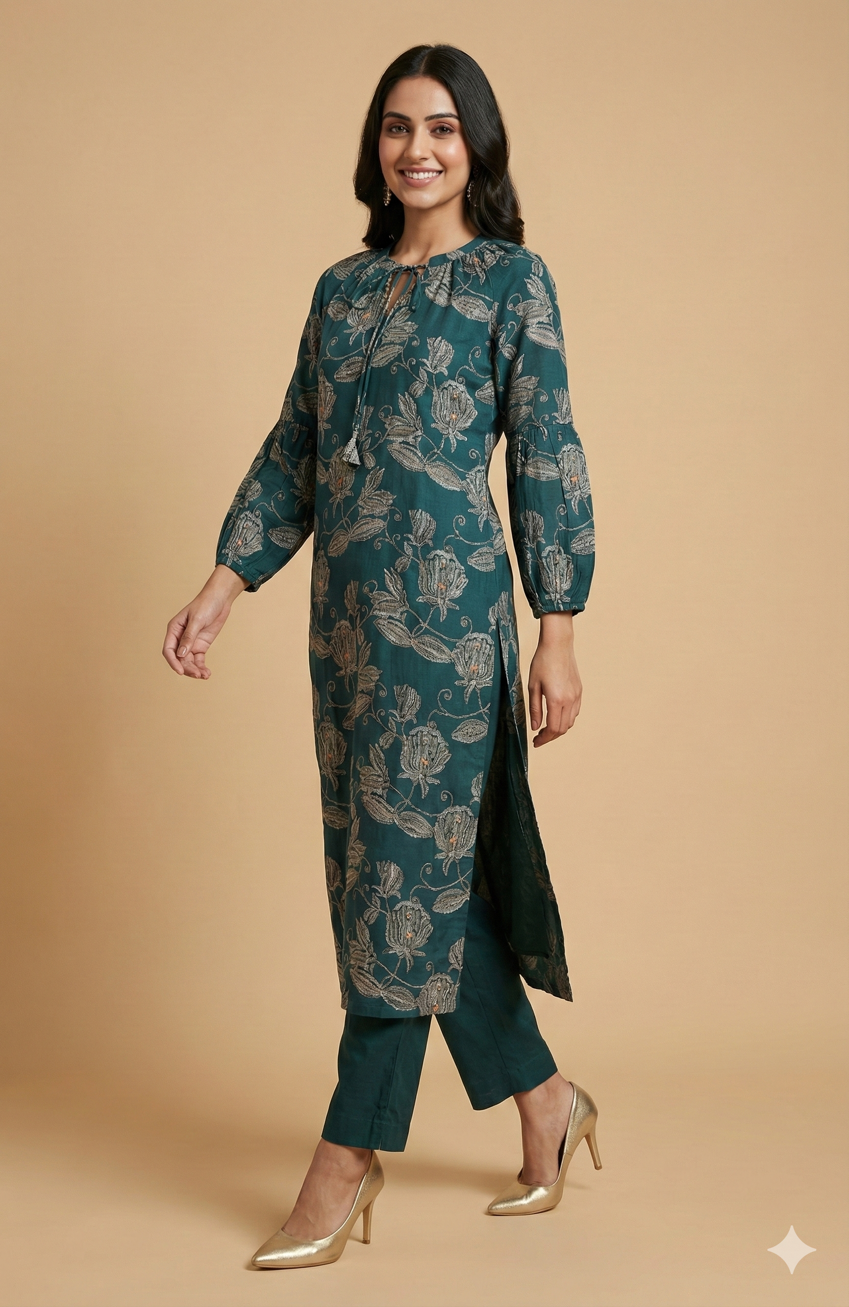 Teal Stylish Straight Cut Viscose Blend Set Adorned with Floral Prints