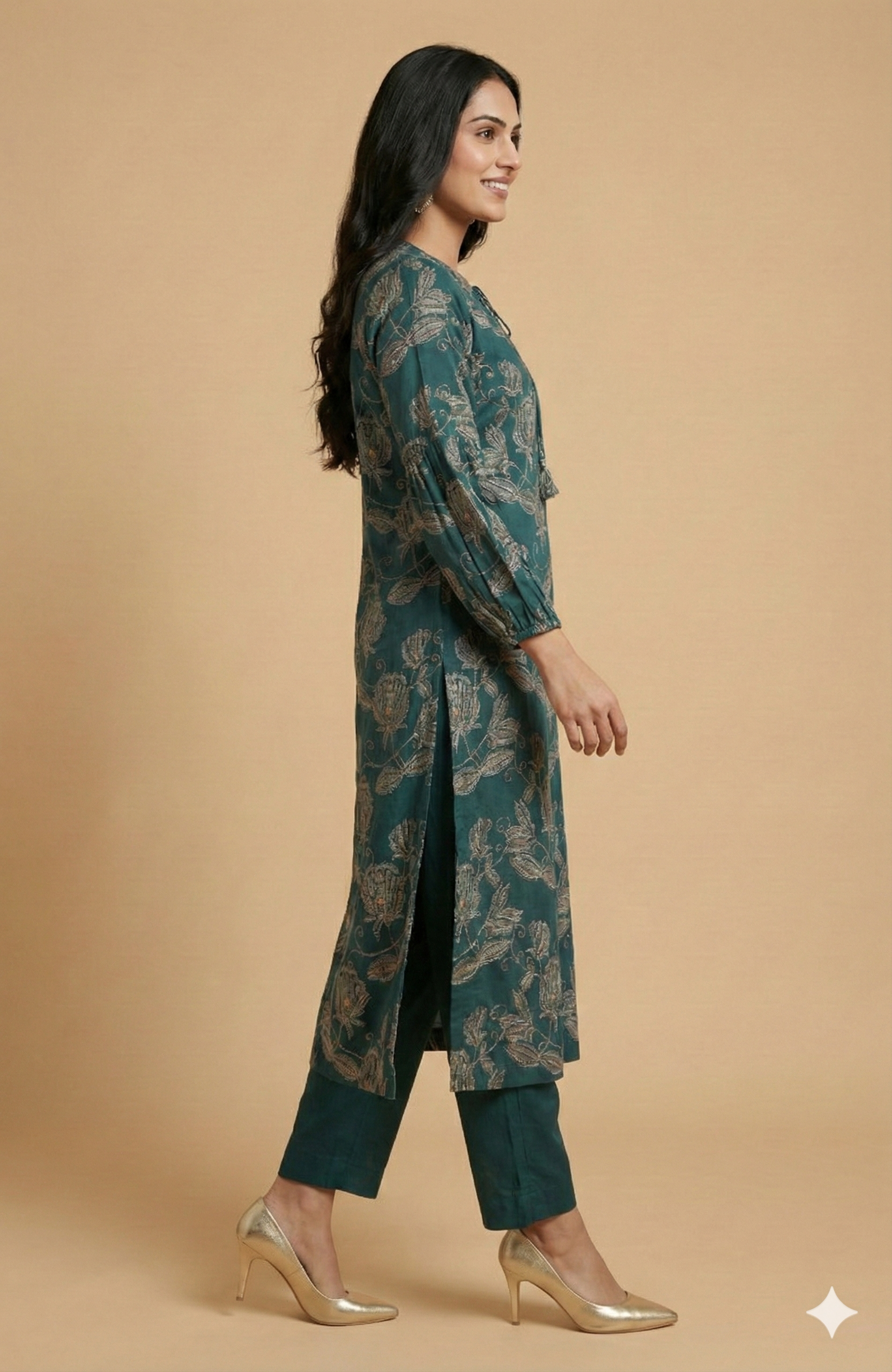 Teal Stylish Straight Cut Viscose Blend Set Adorned with Floral Prints