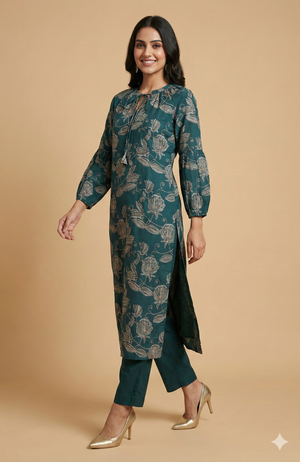 Teal Stylish Straight Cut Viscose Blend Set Adorned with Floral Prints