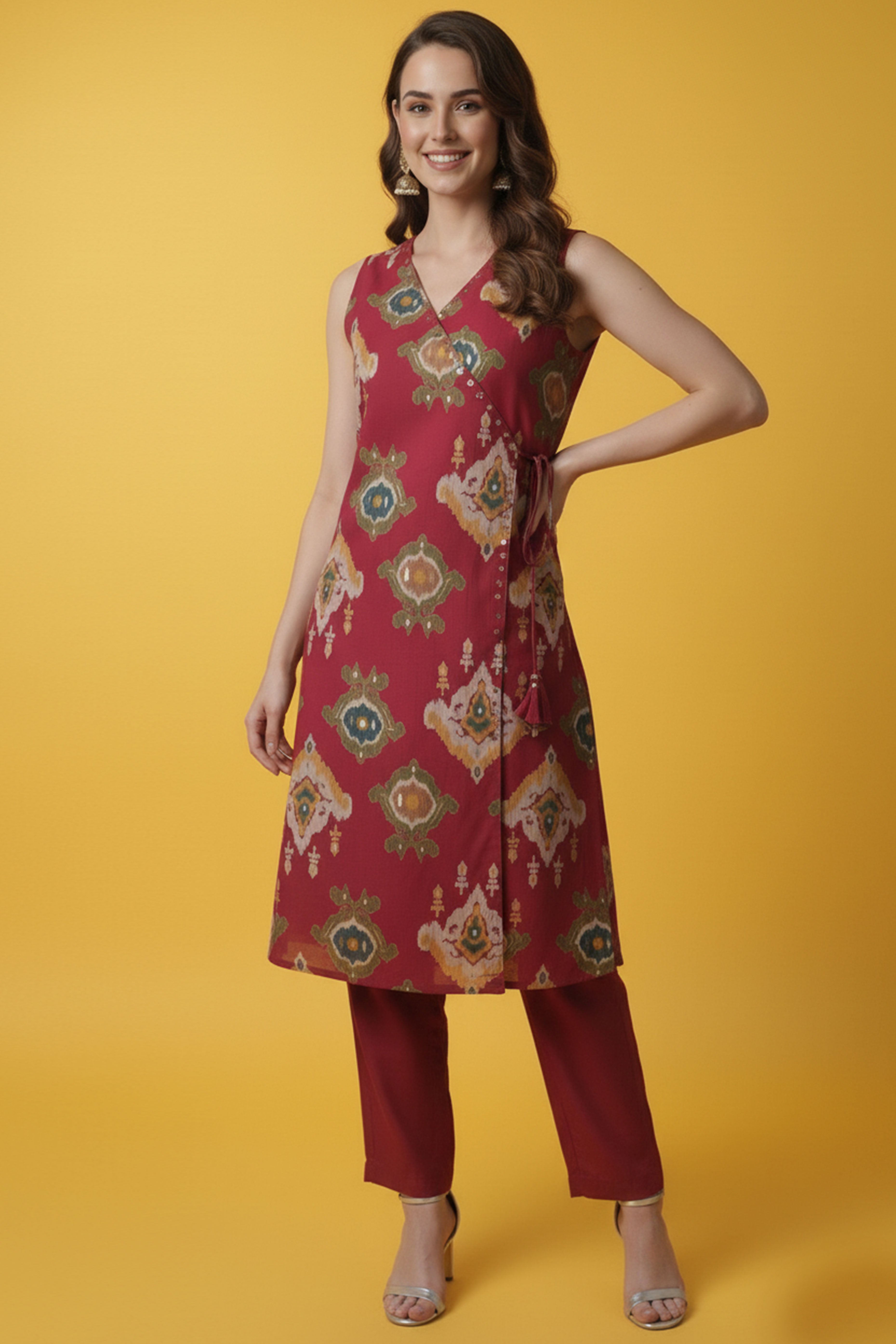 Pink Ikkat Printed Pure Cotton Two-Piece Angrakha Outfit for Women