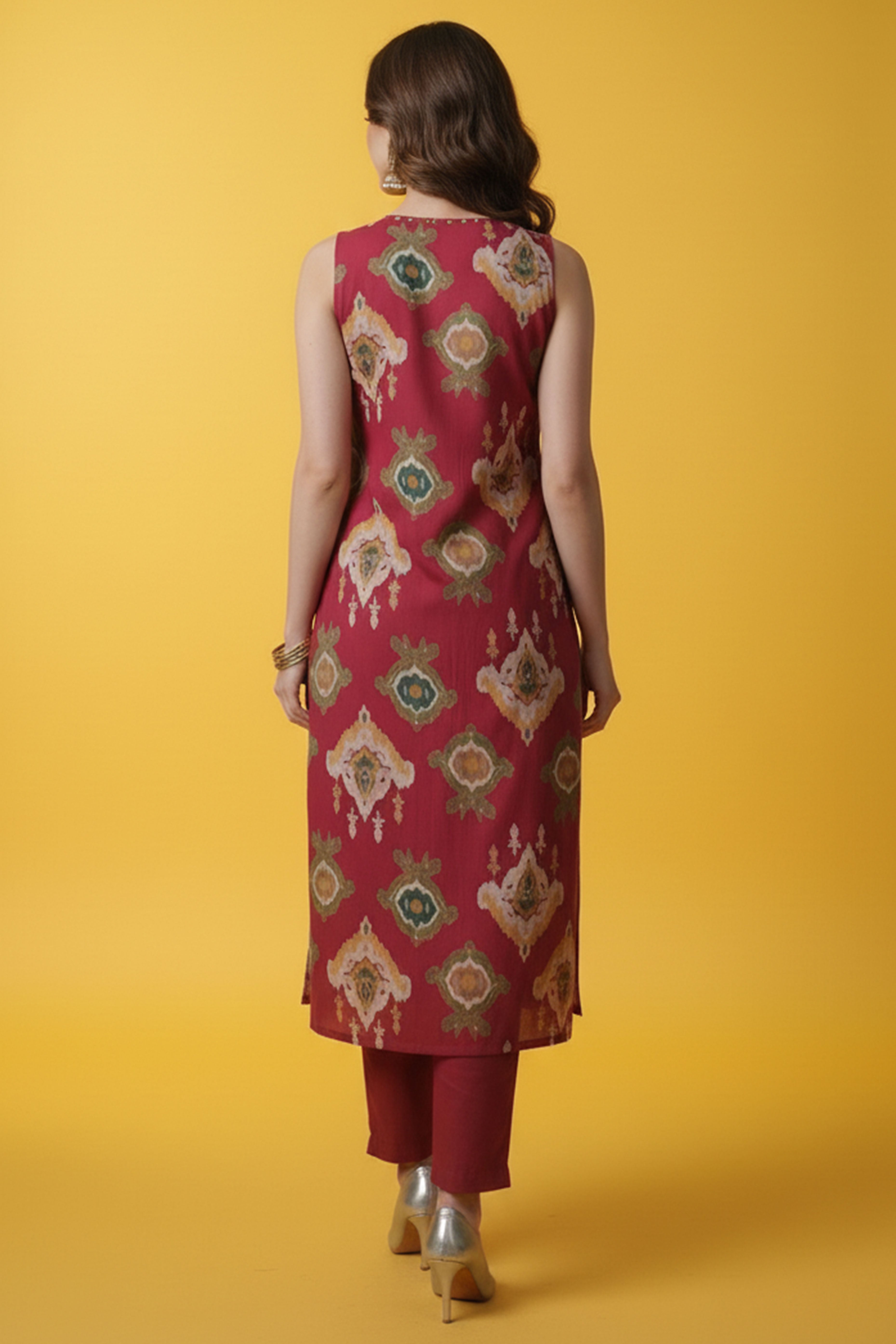 Pink Ikkat Printed Pure Cotton Two-Piece Angrakha Outfit for Women