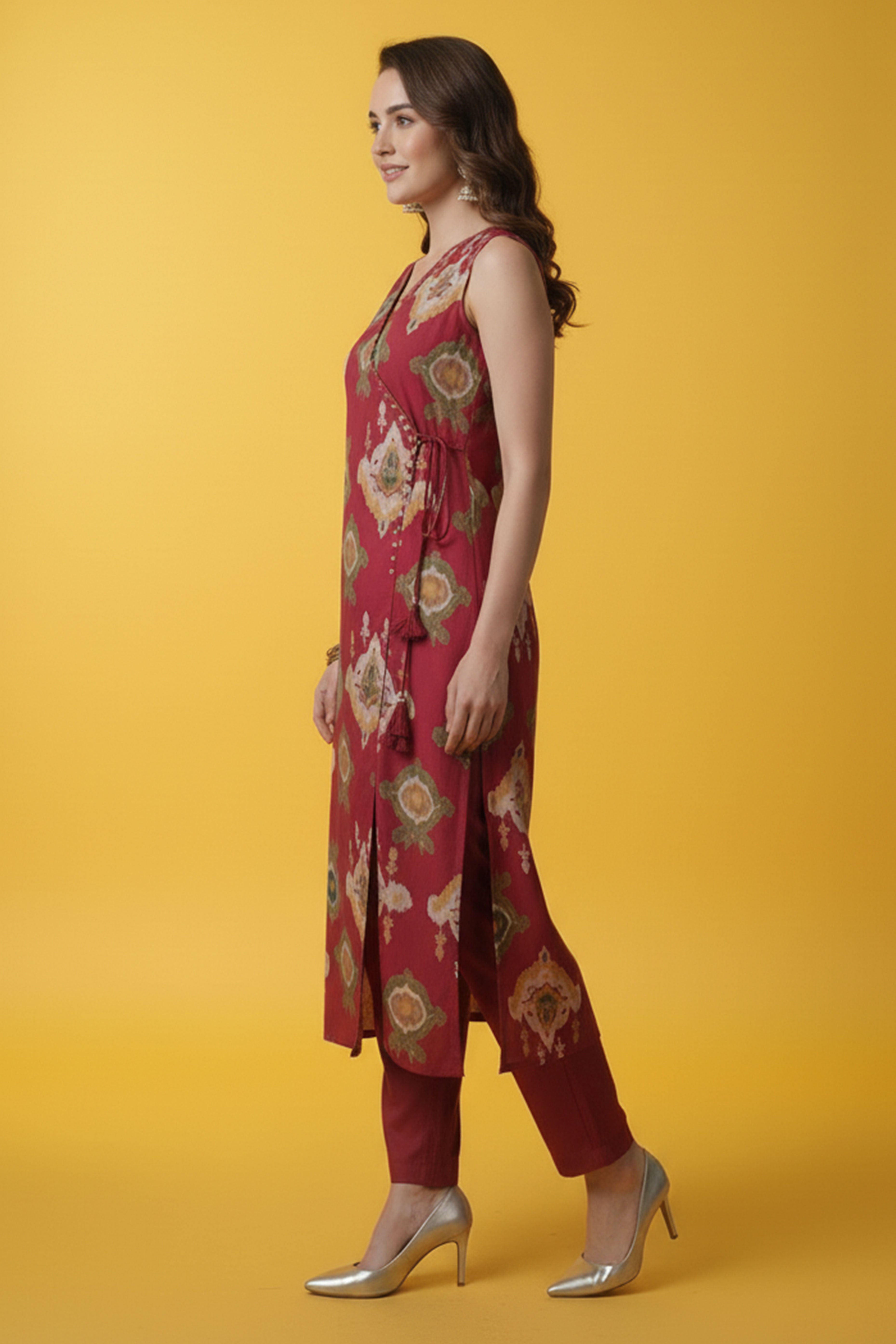 Pink Ikkat Printed Pure Cotton Two-Piece Angrakha Outfit for Women