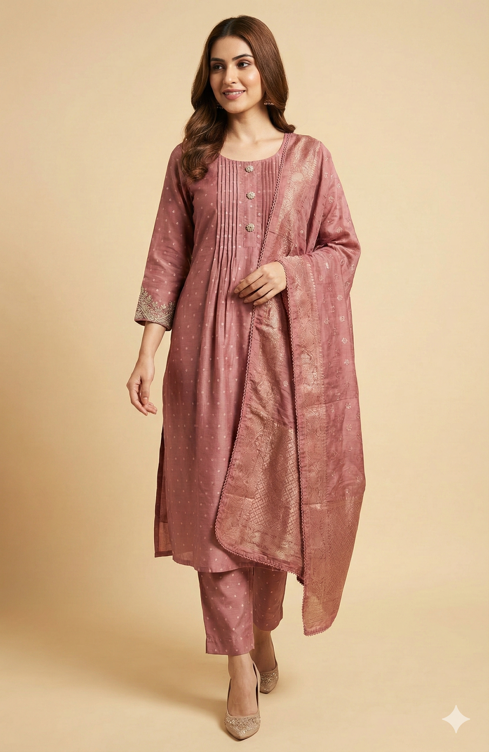 Pink Weaving Chanderi Silk Straight Cut Suit Adorned With Cording Embroidery & Sparkling Sequins
