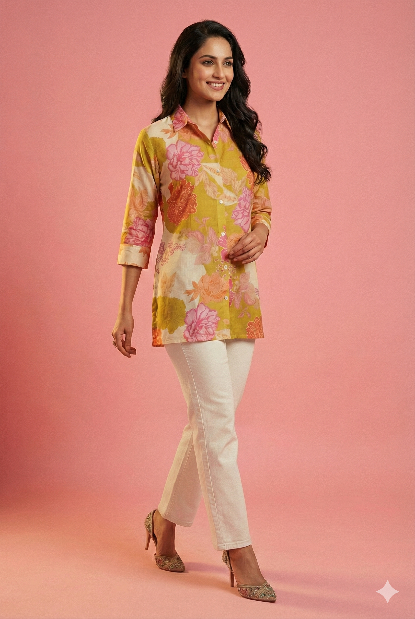 Multicolor Floral Printed Muslin Straight Shirt Top
