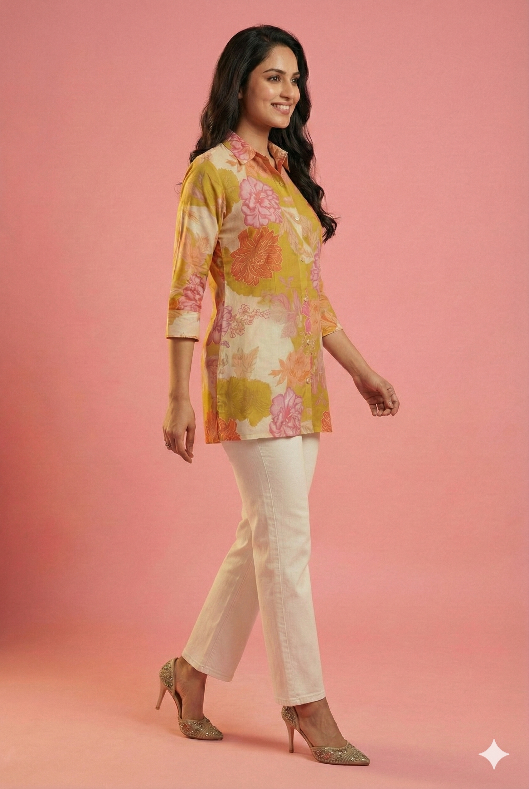 Multicolor Floral Printed Muslin Straight Shirt Top