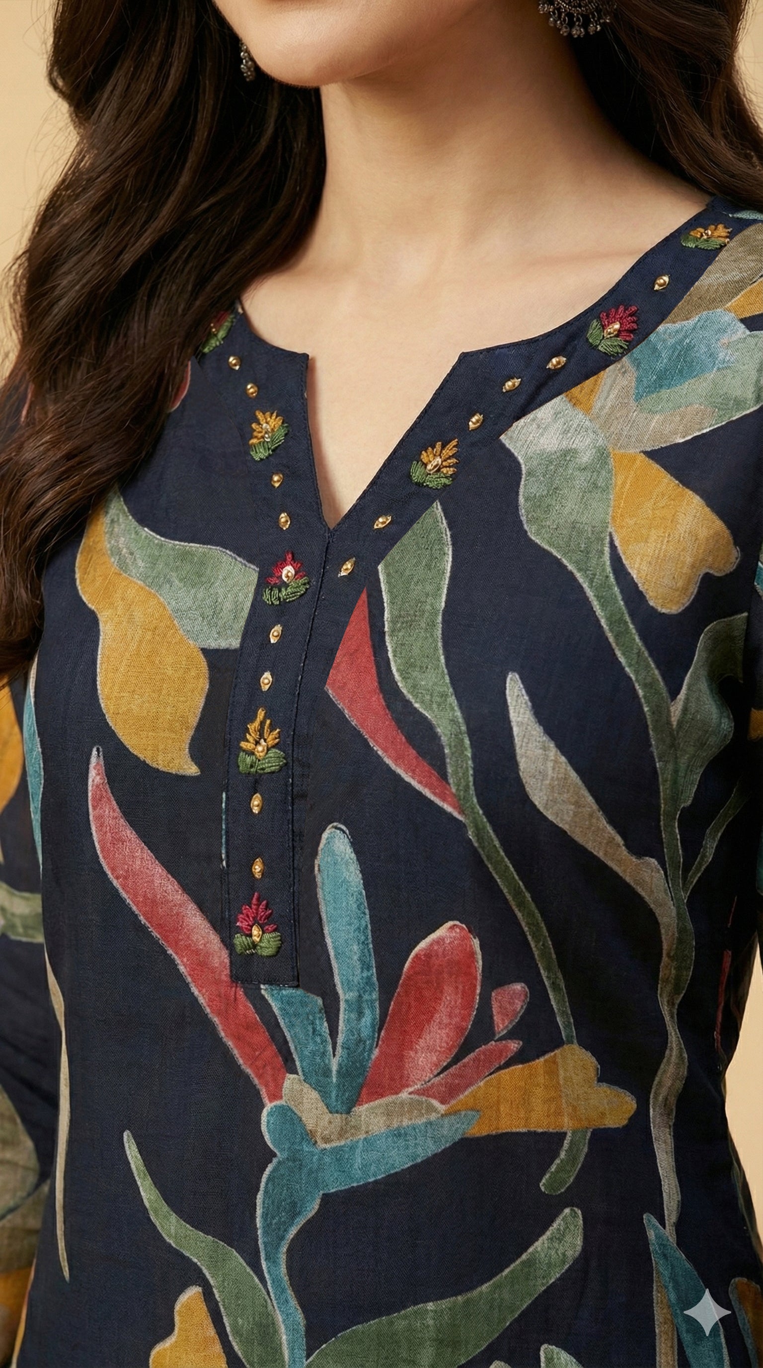 Navy Blue All Over Floral Viscose Rayon Straight Kurta Set Festive Glam