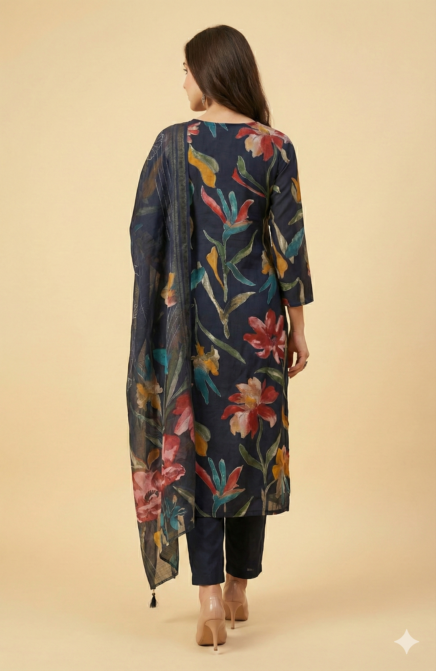 Navy Blue All Over Floral Viscose Rayon Straight Kurta Set Festive Glam