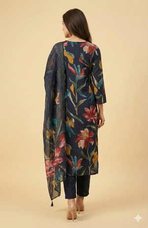 Navy Blue All Over Floral Viscose Rayon Straight Kurta Set Festive Glam