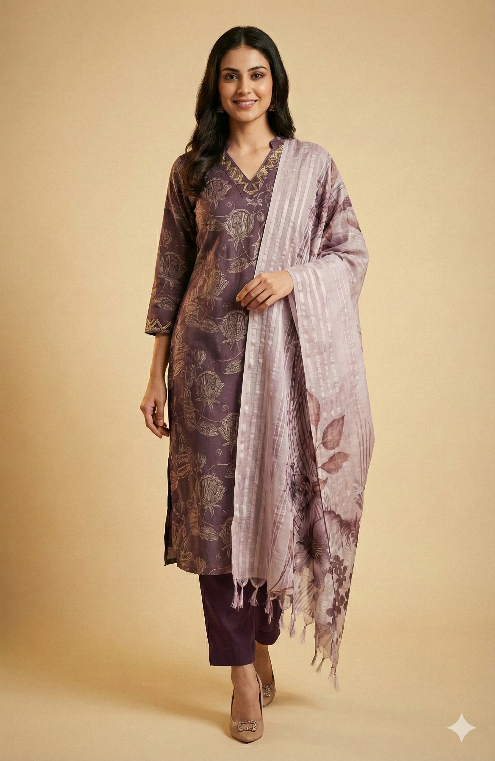 Dark Lavender Viscose Straight-Cut Salwar Suit Adorned with Graceful Floral Prints