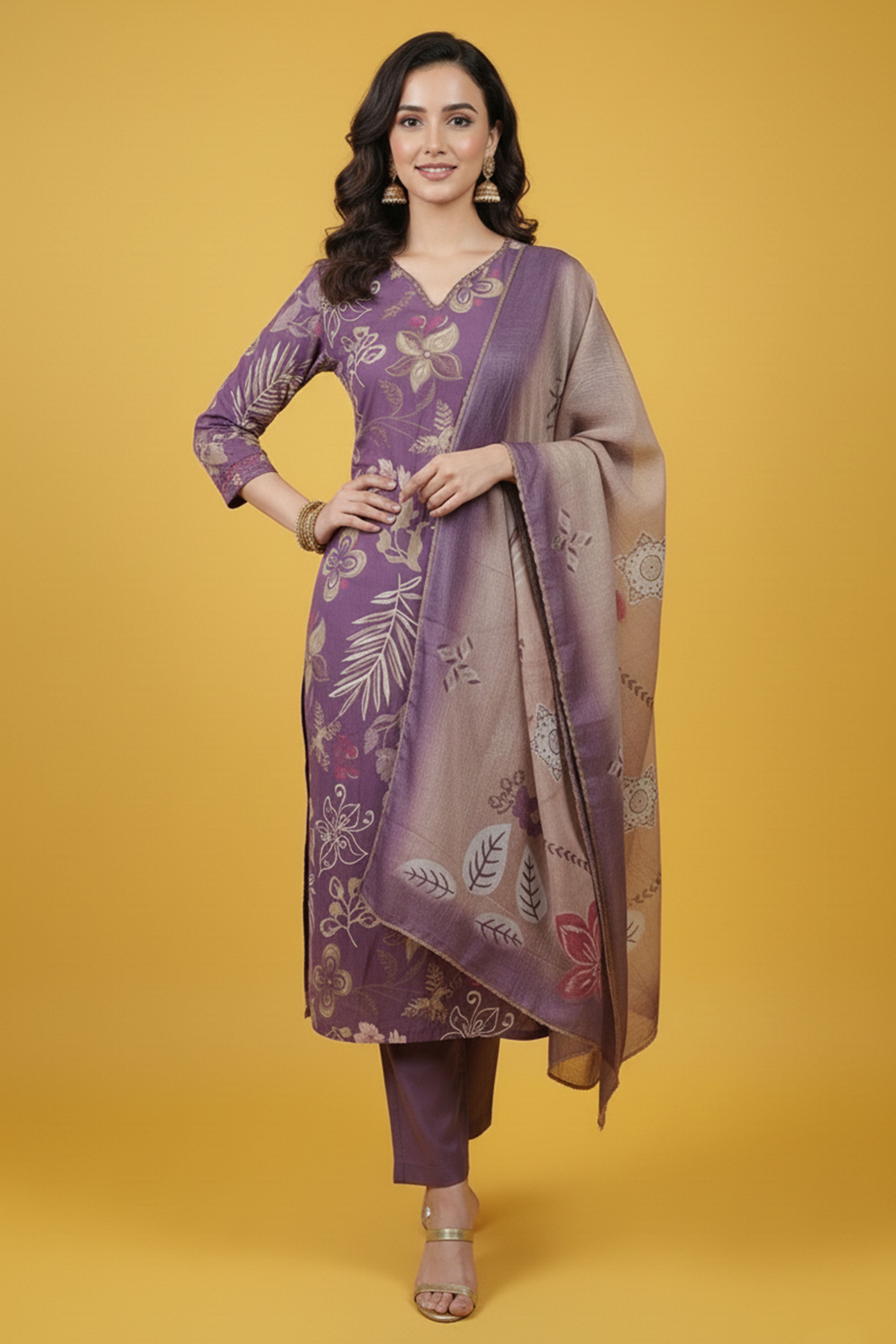 Lavender Classic Viscose Blend Straight Cut Salwar Suit Showcasing Elegant Floral Prints for Women