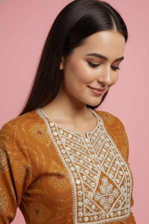 Mustard Bandhani Rayon Straight Kurti with Traditional Print