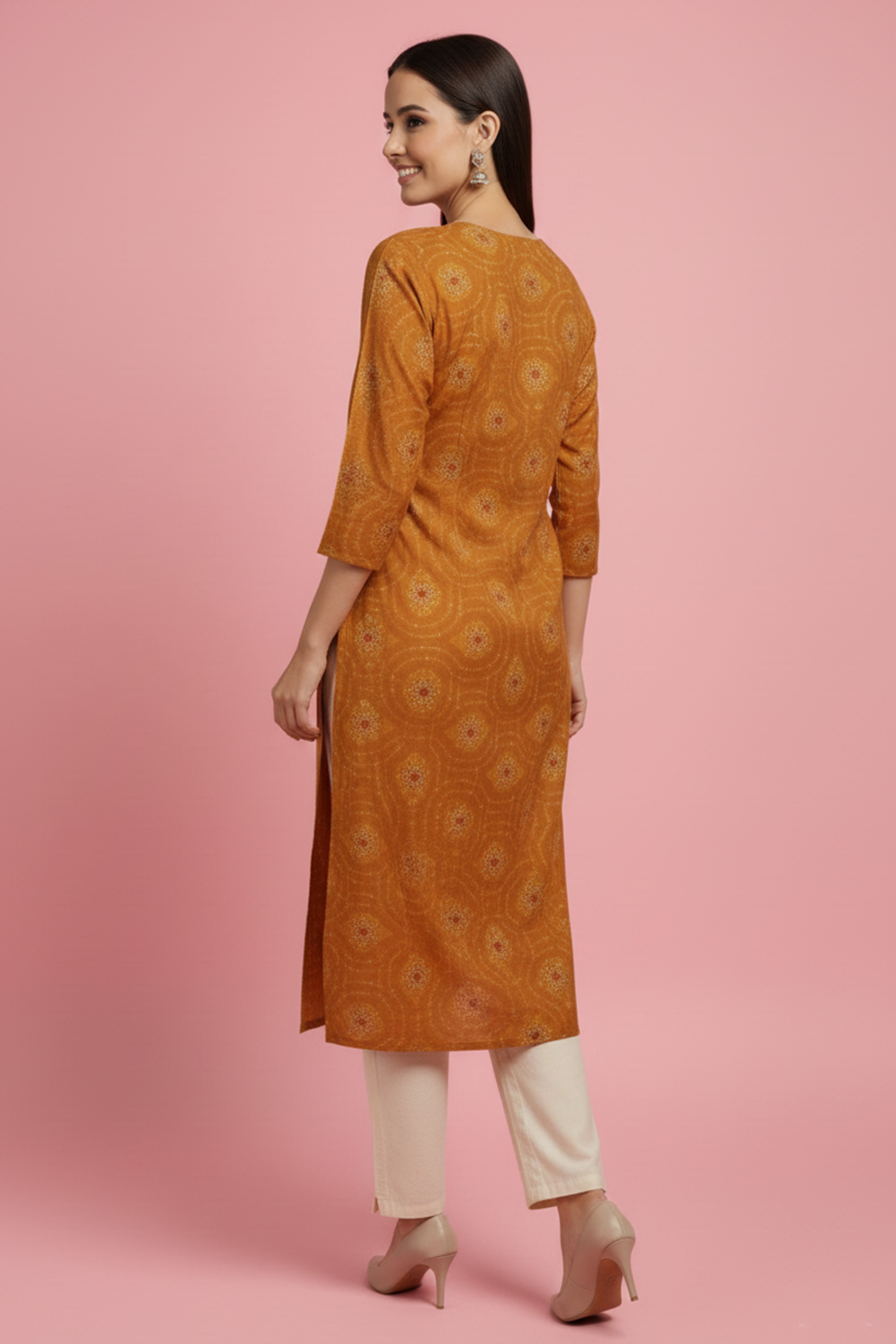 Mustard Bandhani Rayon Straight Kurti with Traditional Print