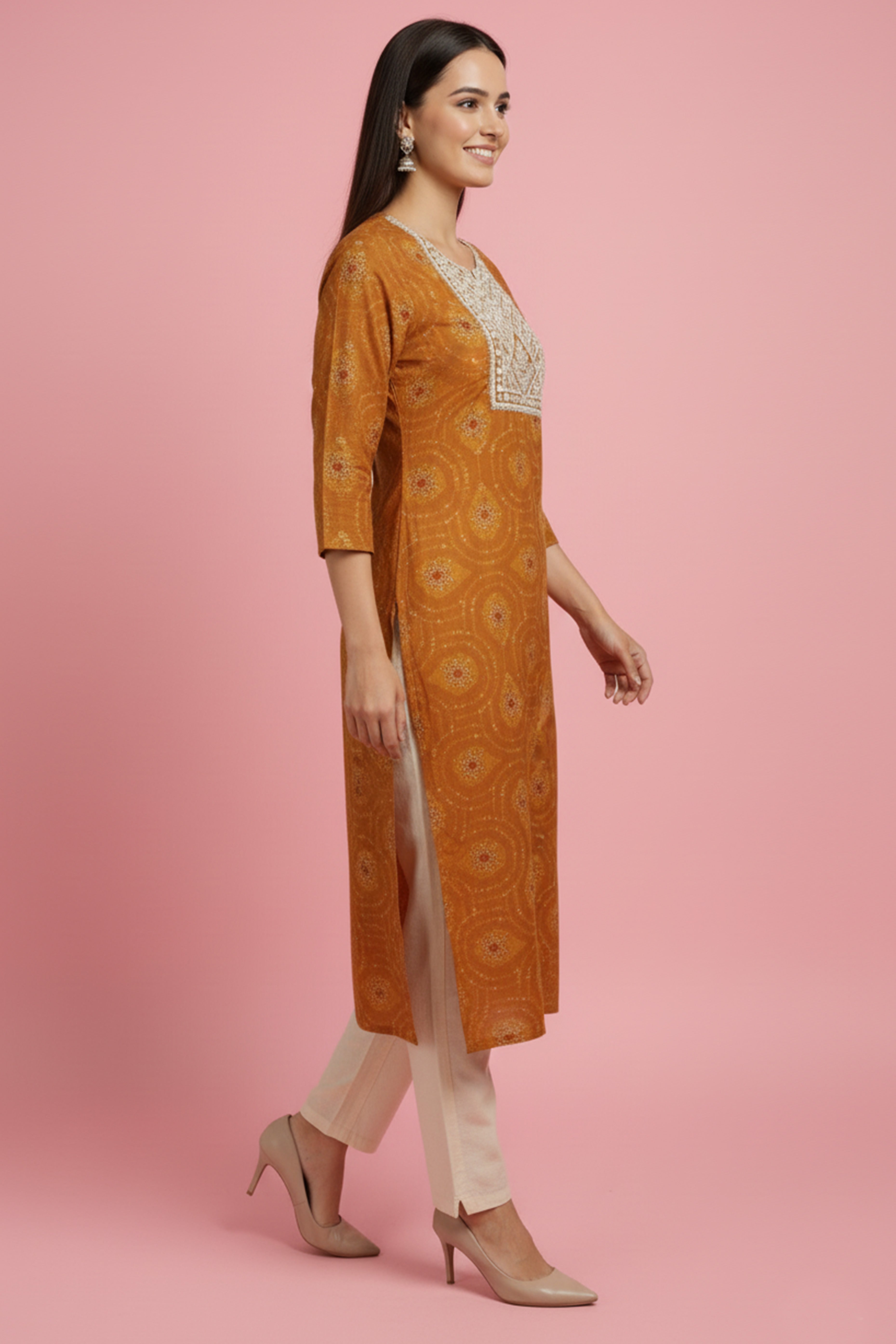 Mustard Bandhani Rayon Straight Kurti with Traditional Print