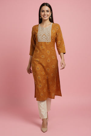 Mustard Bandhani Rayon Straight Kurti with Traditional Print