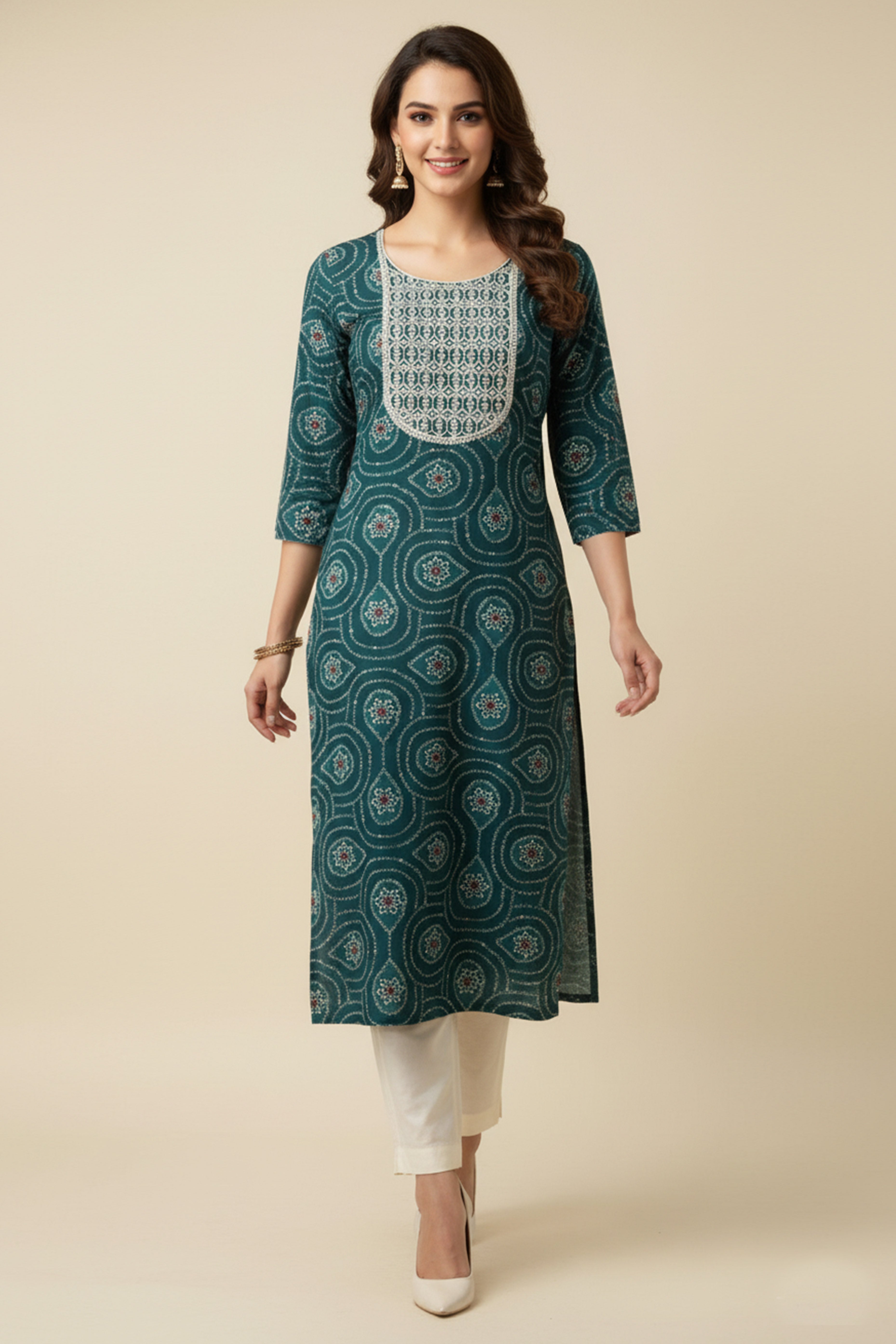 Teal Bandhani Rayon Straight Kurti with Traditional Print